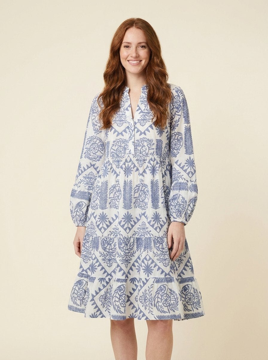 Amaya Relaxed Tribal Dress blue front