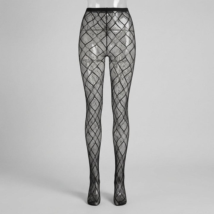 Amelia Hollow Out Tights black diamond fishnet front