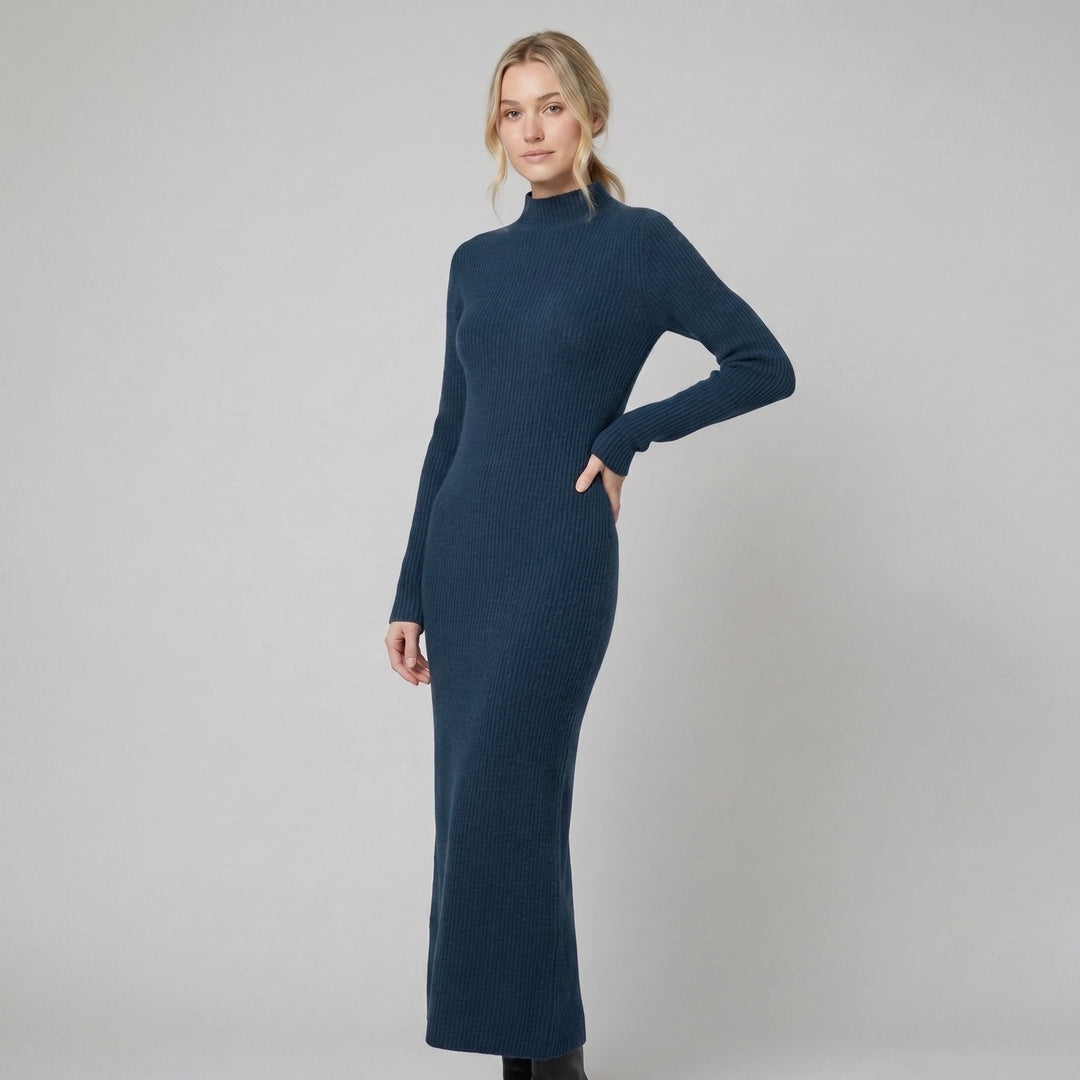 Amelie wool-blend maxi sweater dress in navy, on model