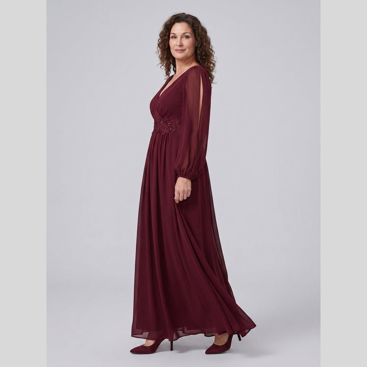Burgundy chiffon V-neck long sleeve floor-length evening gown - The store Vancouver