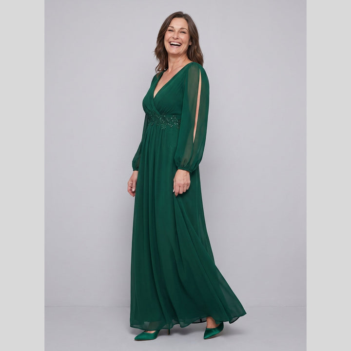 Dark green chiffon V-neck long sleeve floor-length evening gown - The store Vancouver