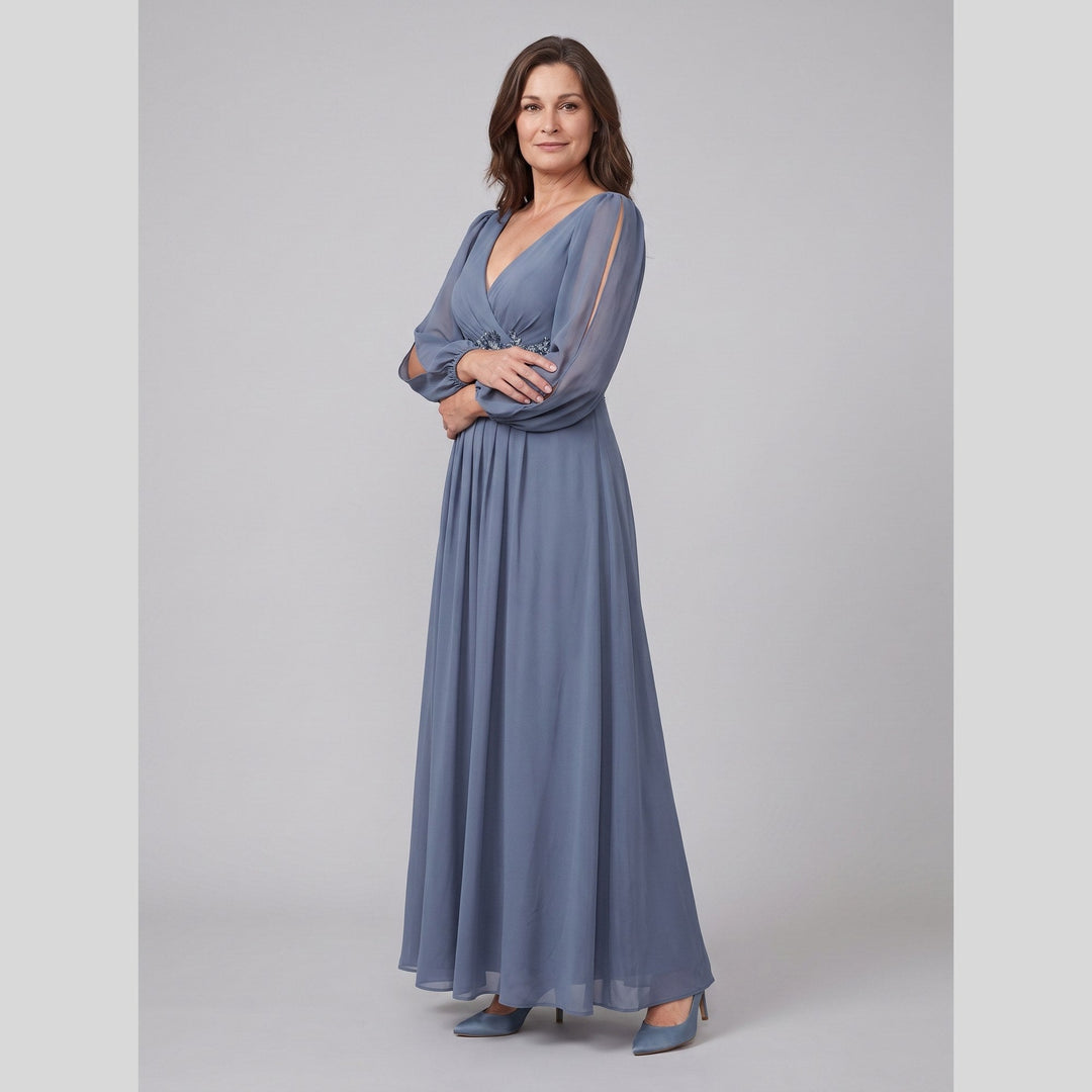 Dusty blue chiffon V-neck long sleeve floor-length evening gown - The store Vancouver