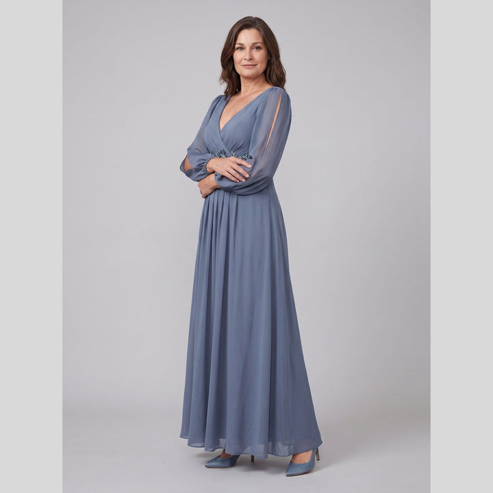Dusty blue chiffon V-neck long sleeve floor-length evening gown - The store Vancouver