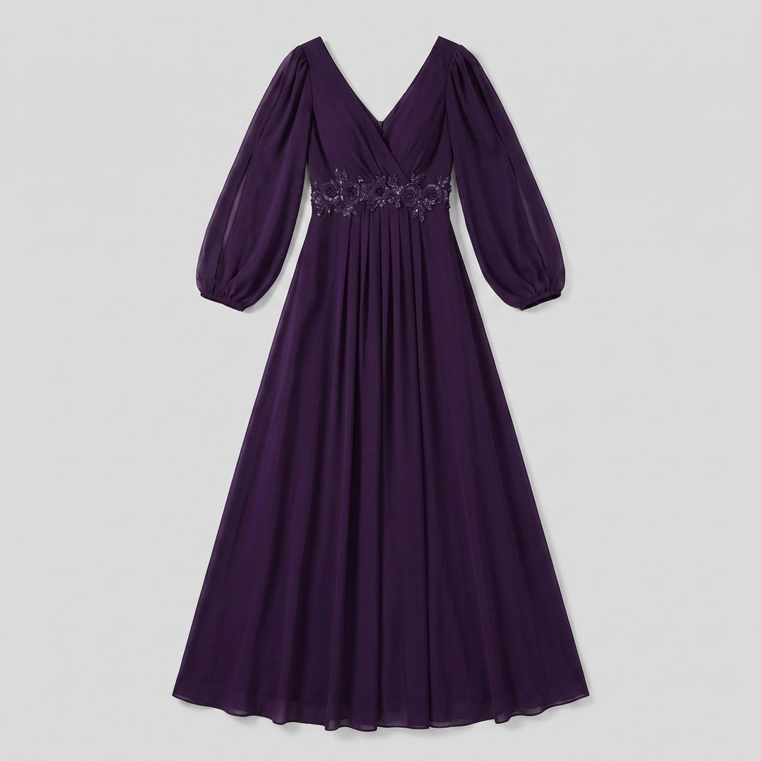 Dark purple chiffon evening gown flat lay product photo - The store Vancouver