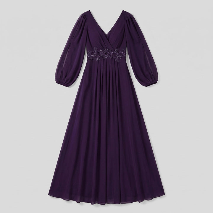 Dark purple chiffon evening gown flat lay product photo - The store Vancouver