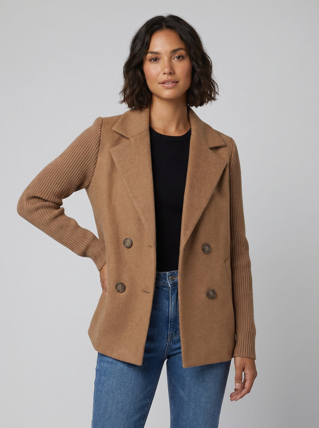 Amora knit-sleeve blazer camel brown