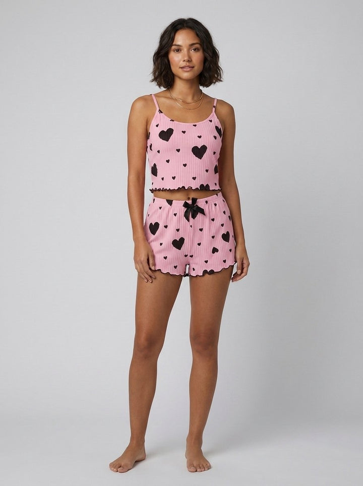 Amore sleepwear set pink black hearts front
