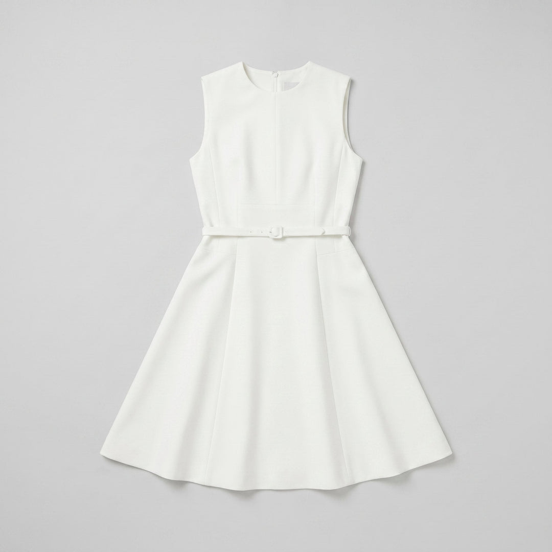 Annelise belted fit-and-flare dress in white, flat lay