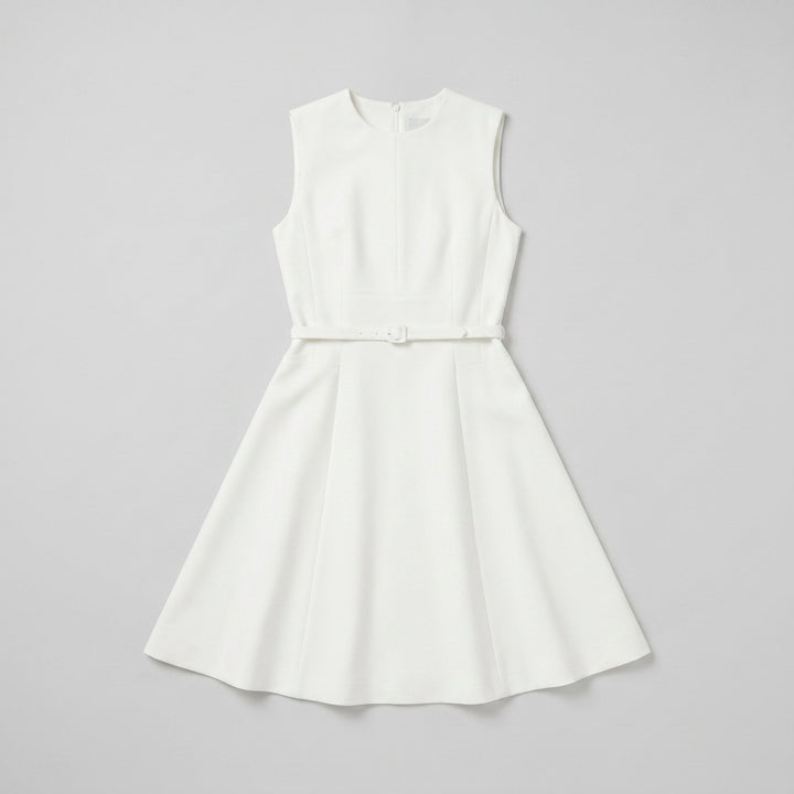 Annelise belted fit-and-flare dress in white, flat lay