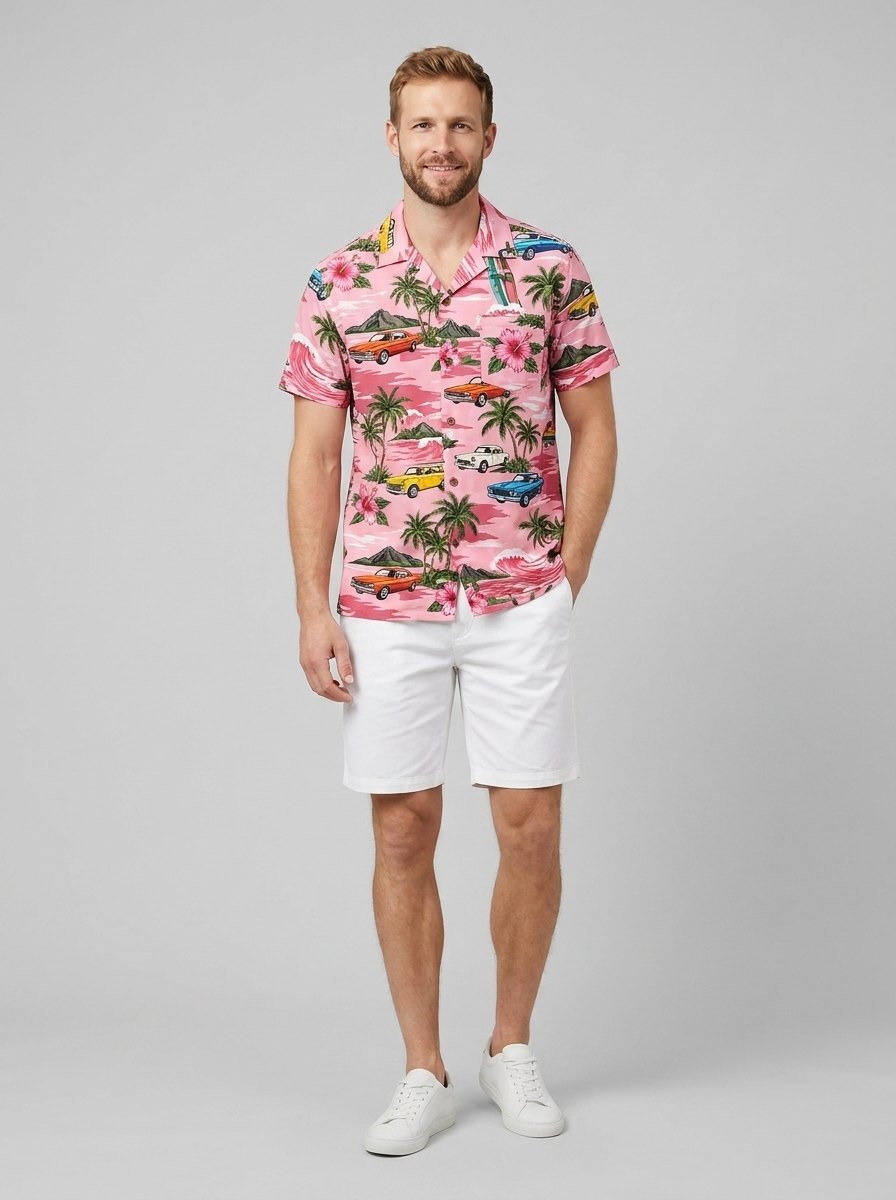 Ansel Hawaiian shirt with vintage car print, pink, on model
