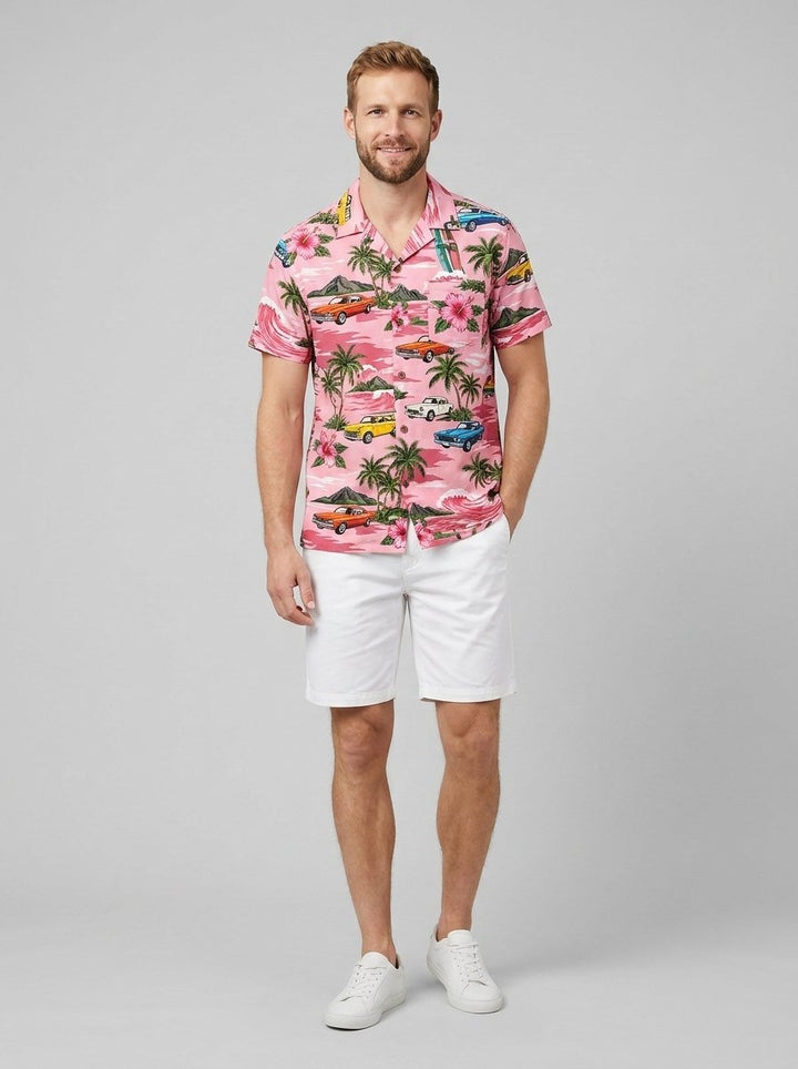 Ansel Hawaiian shirt with vintage car print, pink, on model
