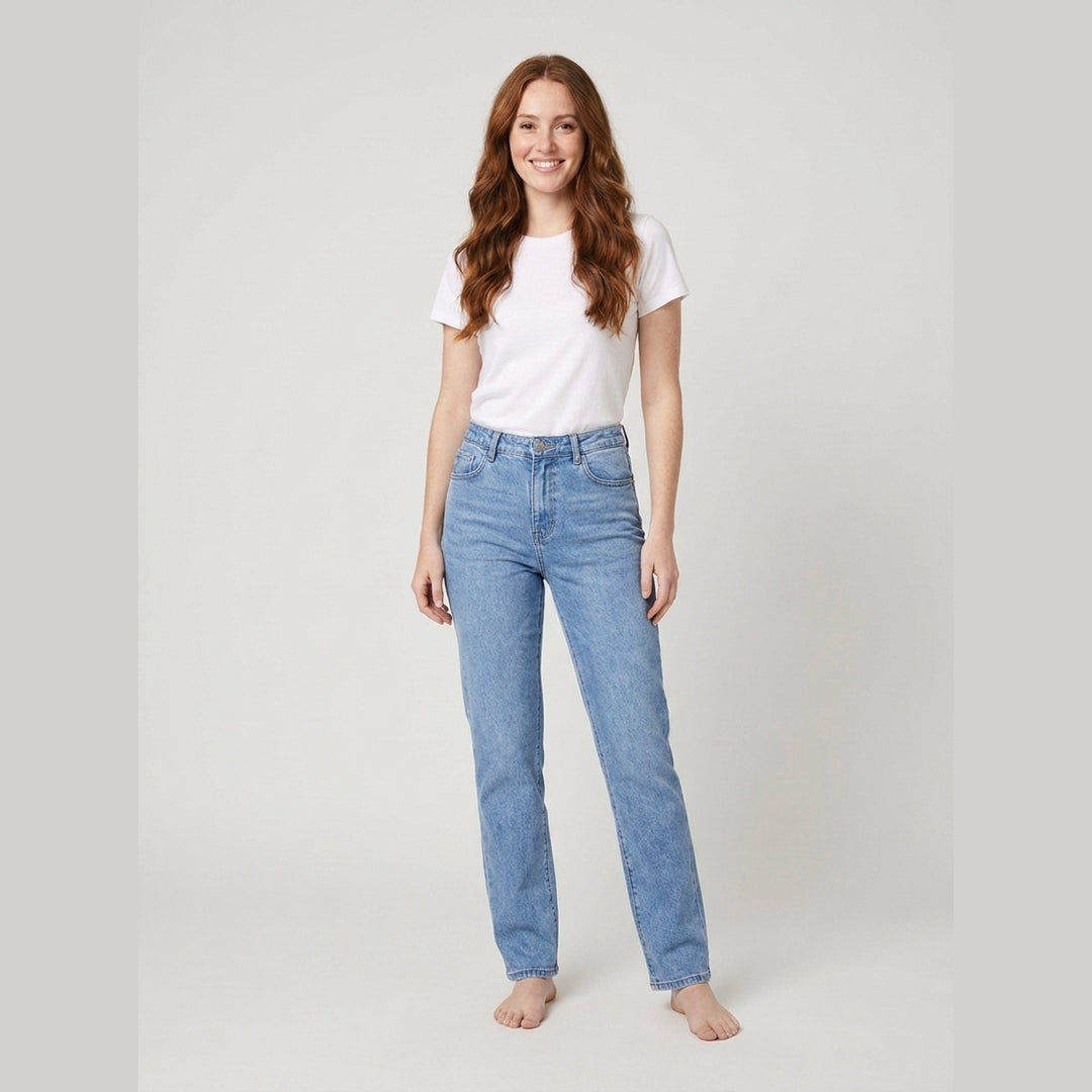Apollo straight-leg denim light wash on model