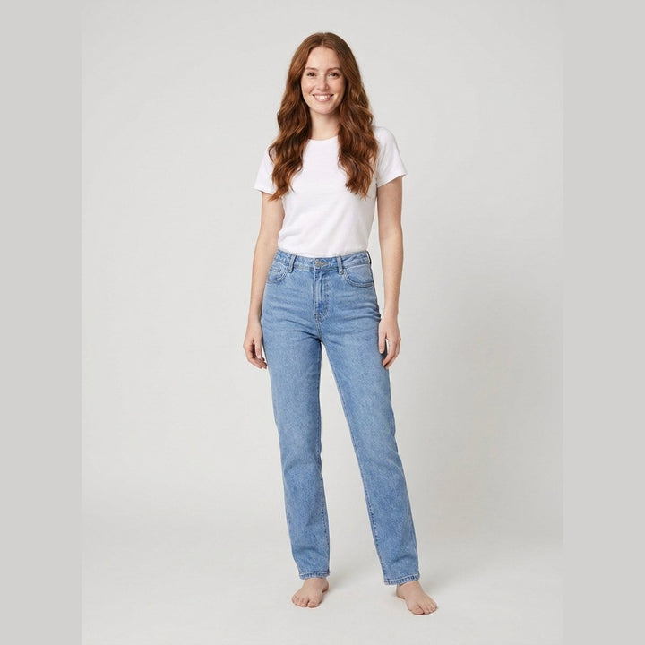 Apollo straight-leg denim light wash on model