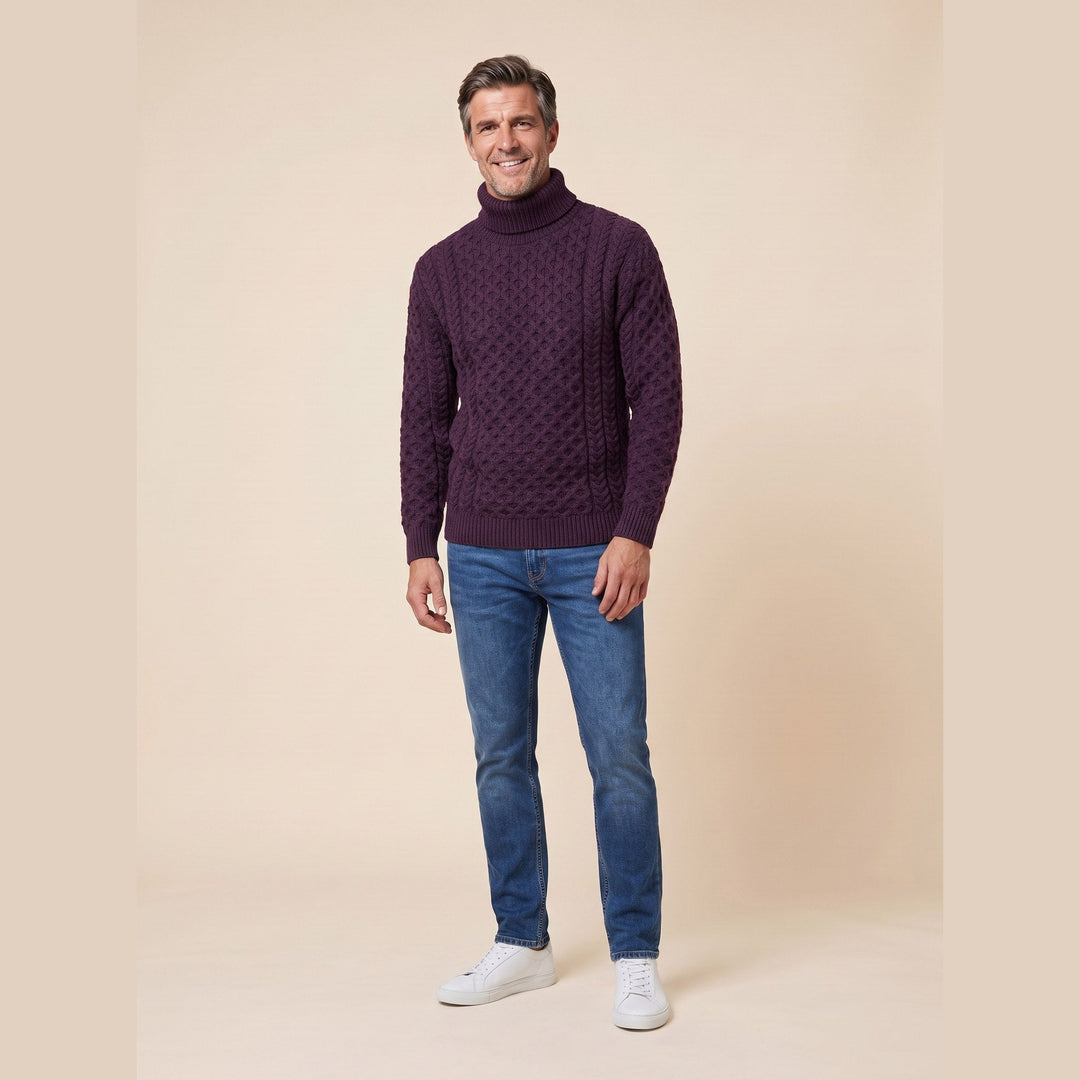Aran fisherman sweater damson plum on model