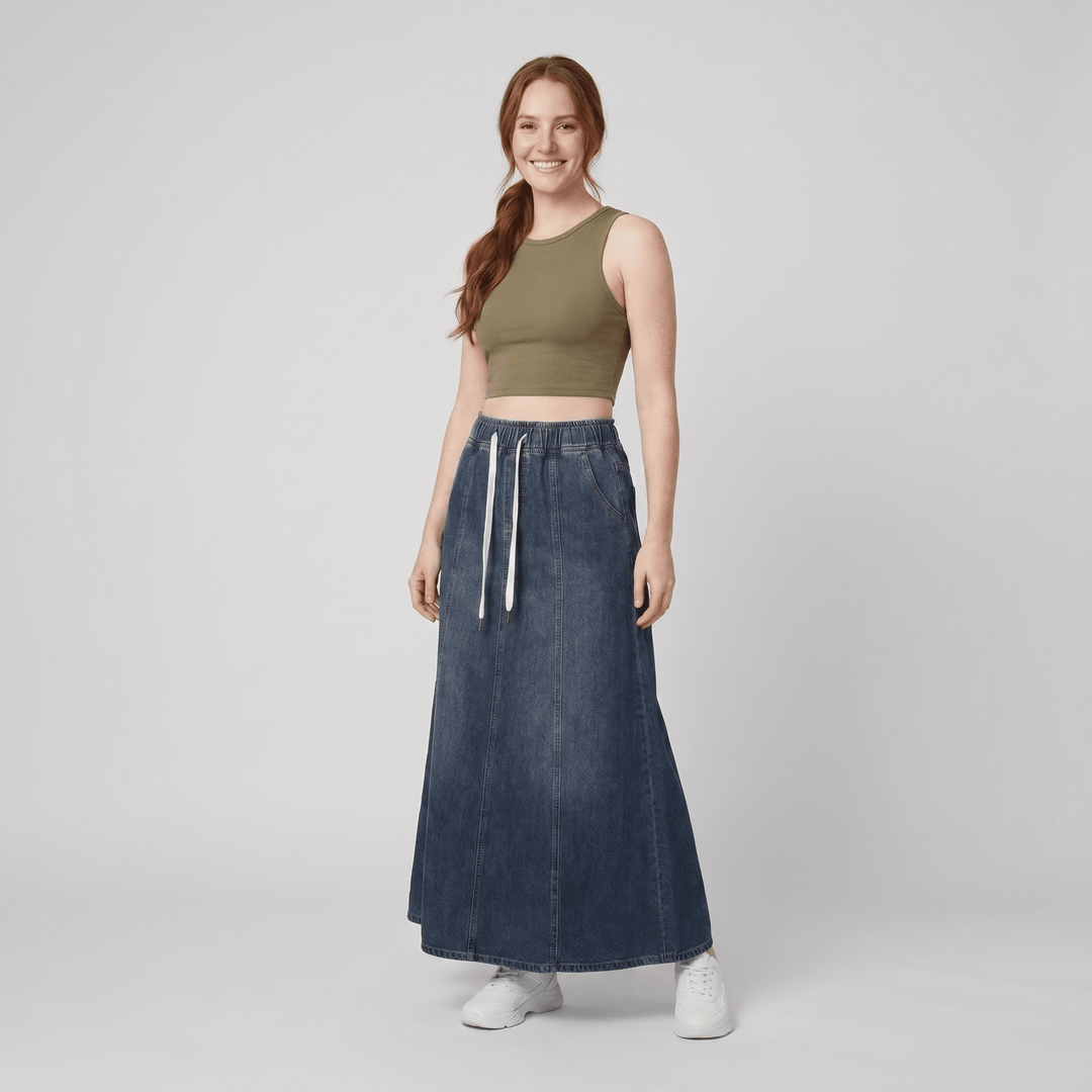 Arielle indigo blue denim A-line maxi skirt on model