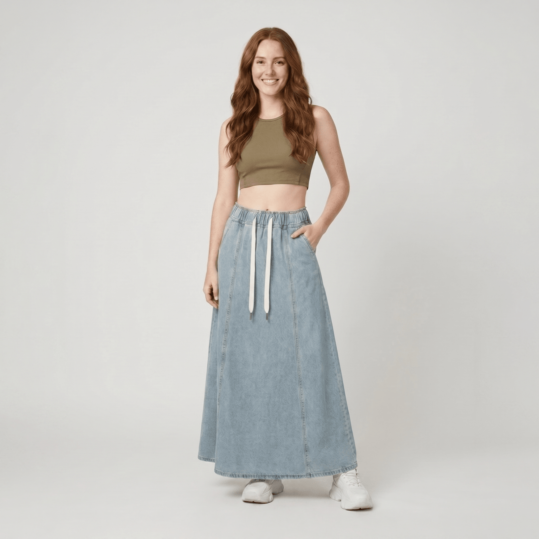 Arielle washed blue denim A-line maxi skirt on model