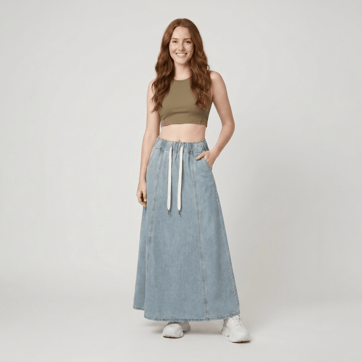 Arielle washed blue denim A-line maxi skirt on model
