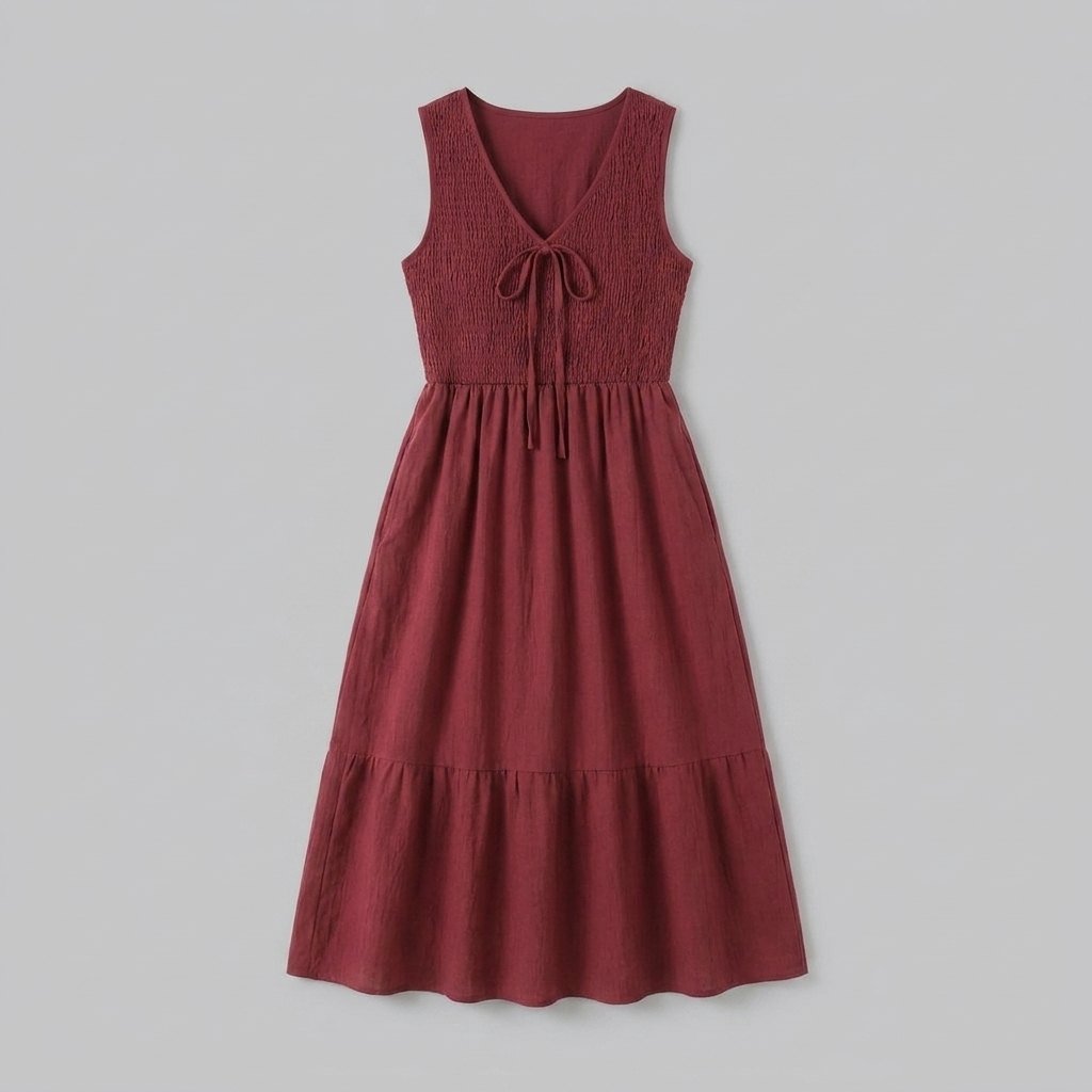 Burgundy A-line midi dress, flat-lay product photo