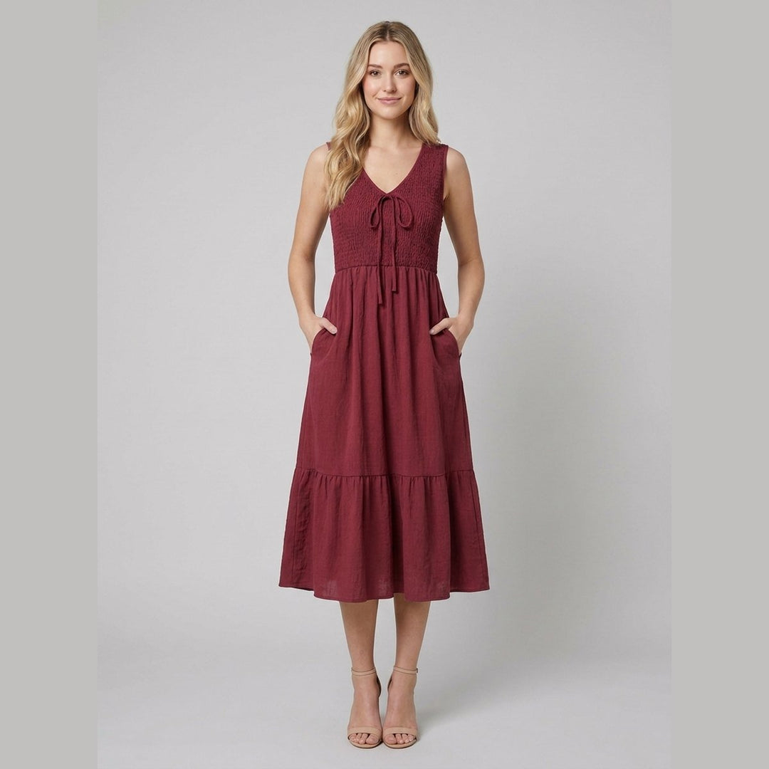 Burgundy A-line midi dress with a V-neck, front view on model