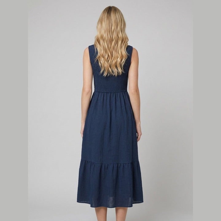 Dark blue A-line midi dress, back view