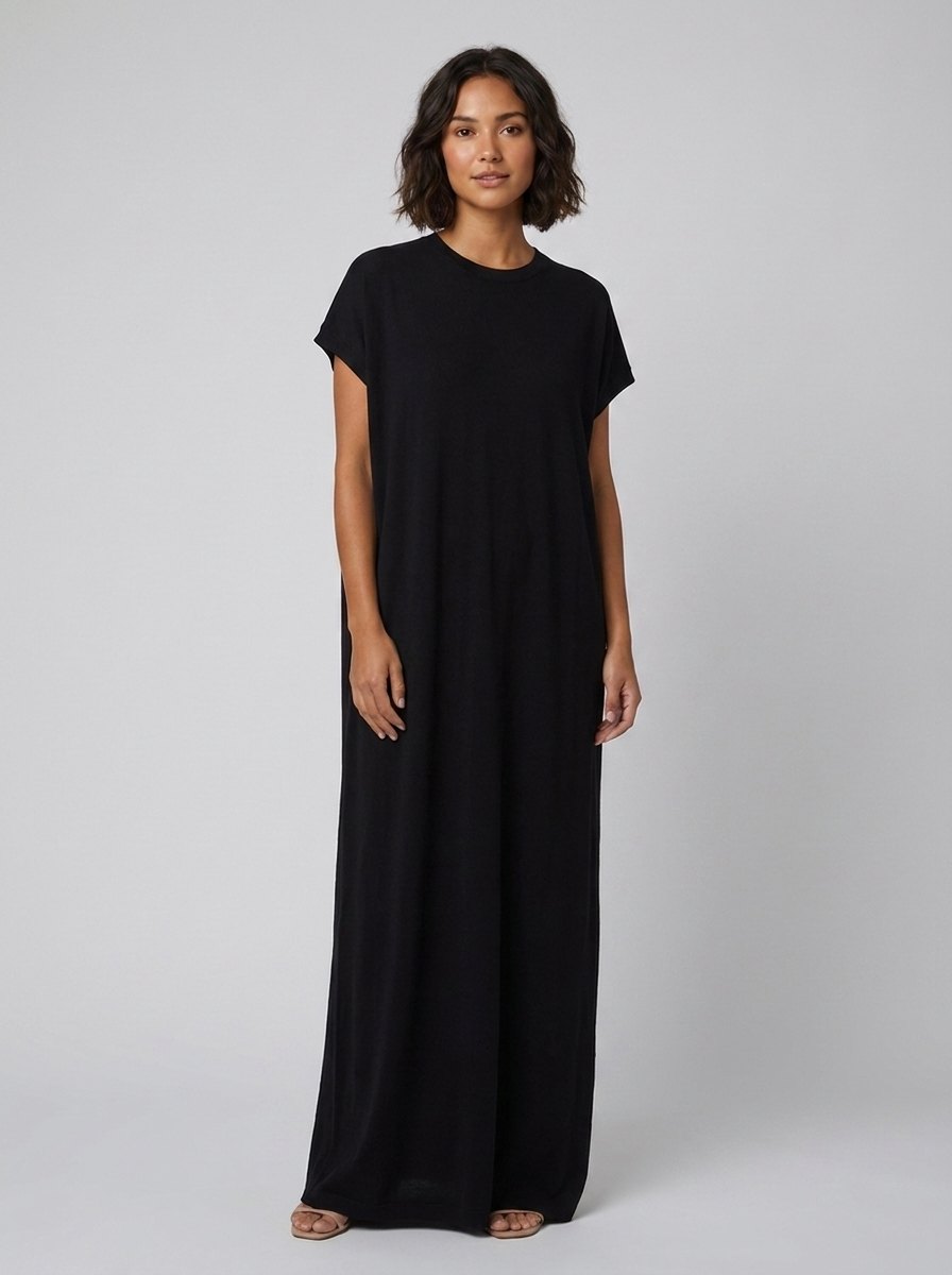 Asera black asymmetric draped maxi front