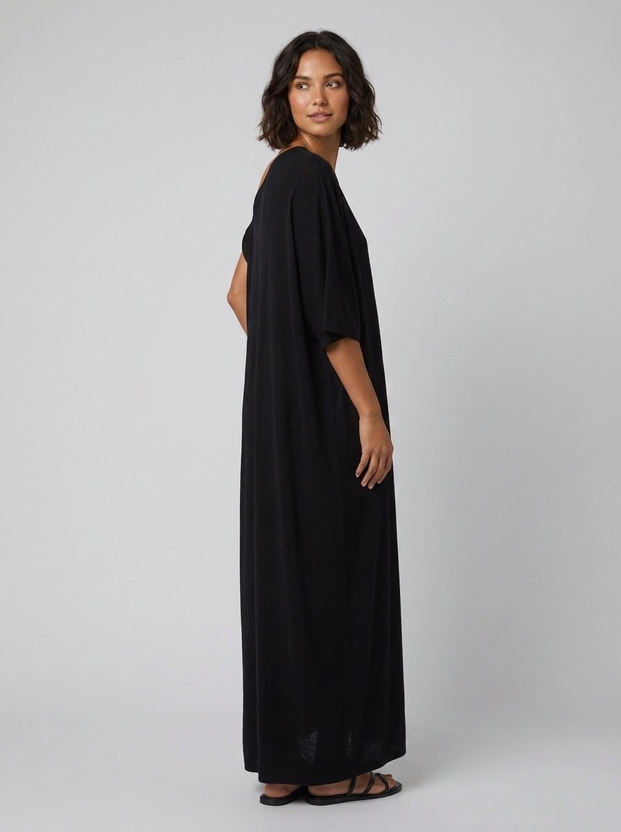Asera black asymmetric draped maxi pose
