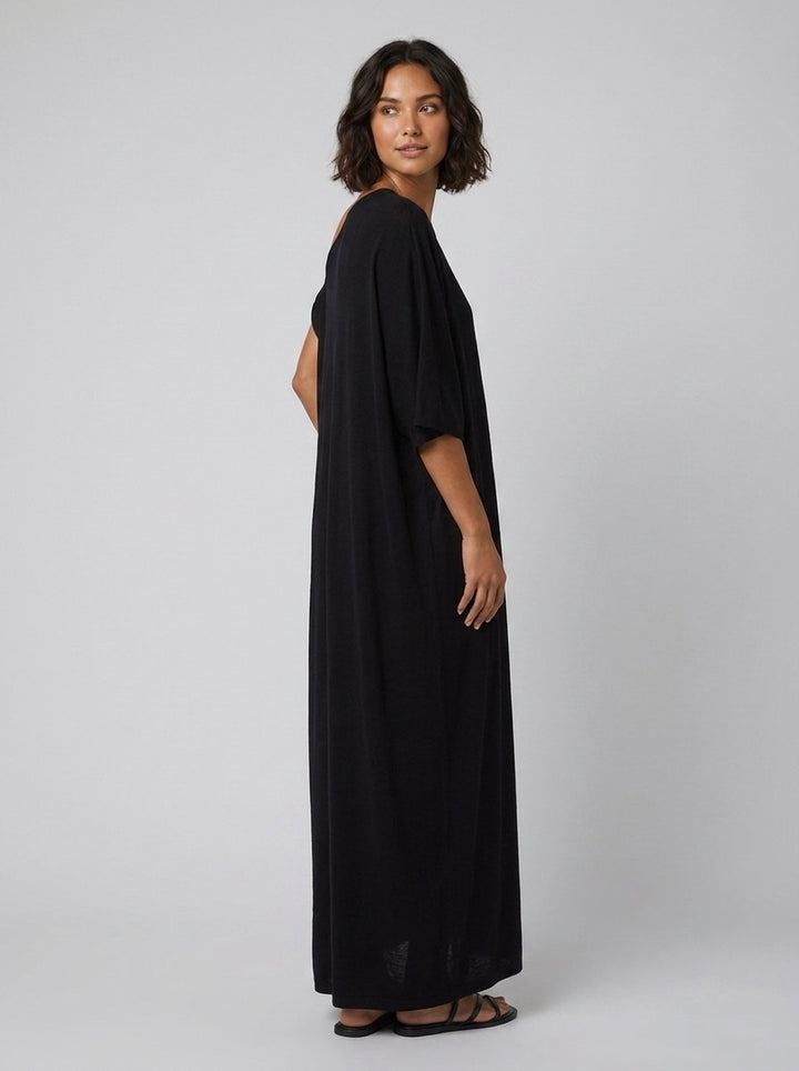Asera black asymmetric draped maxi pose