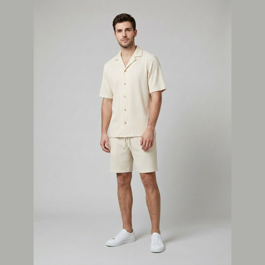 Beige men's ribbed shirt and shorts set, front view