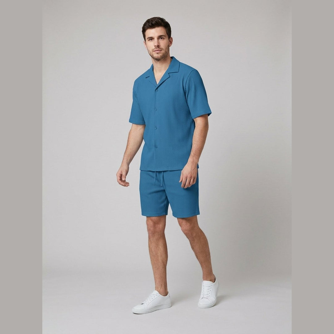 Blue men's ribbed shirt and shorts set, front view