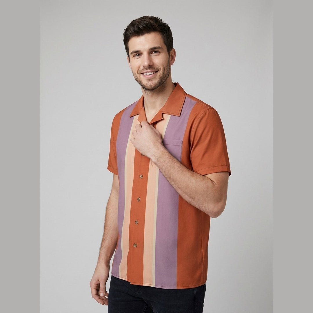 Ashford camp collar shirt in rust orange, detail pose on model