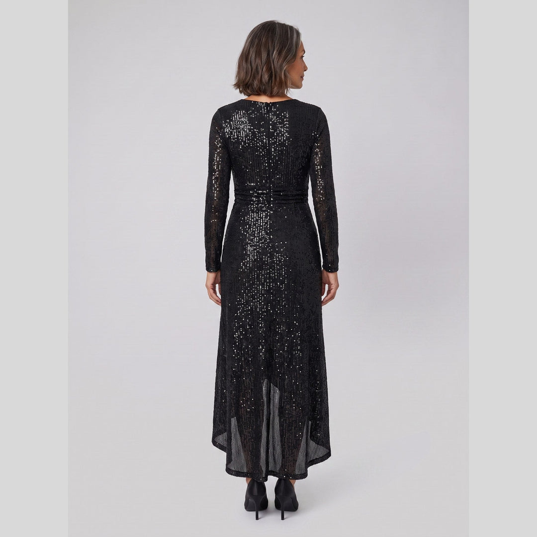 Back view of the black sequin asymmetrical hem evening gown - The store Vancouver