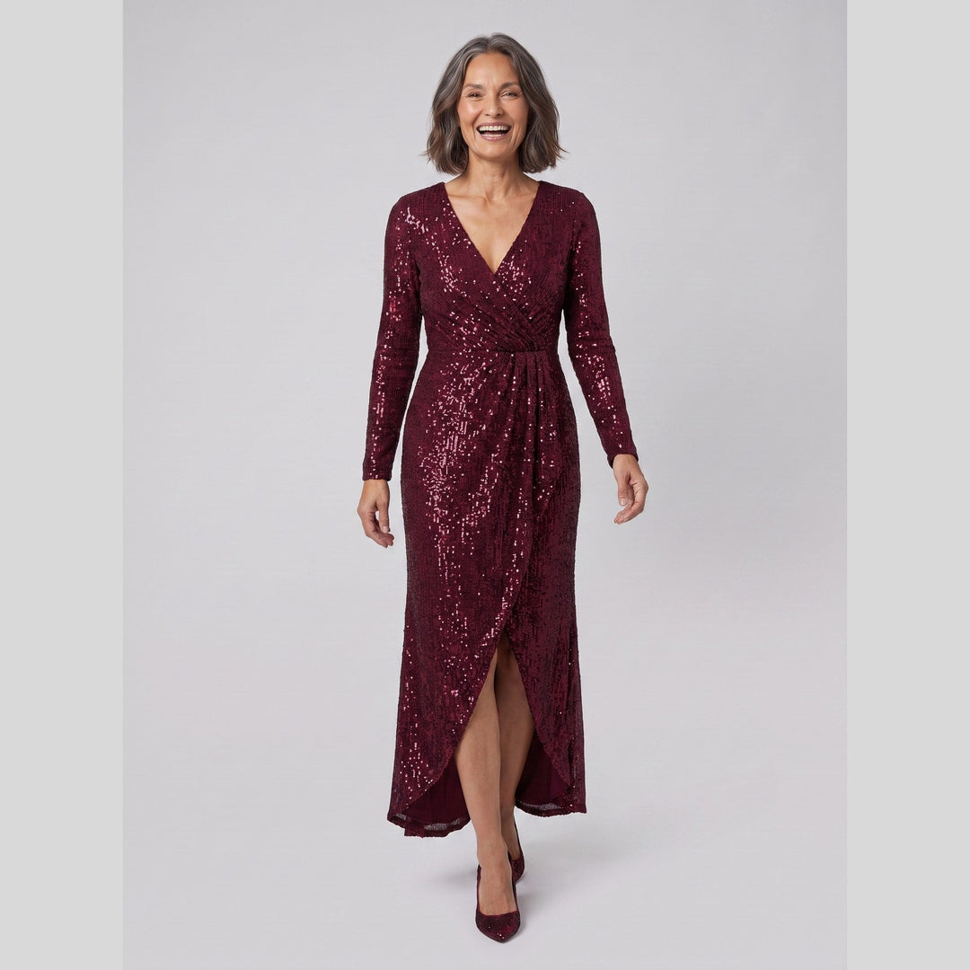 Burgundy sequin long sleeve asymmetrical hem evening gown - The store Vancouver