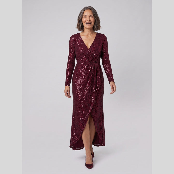 Burgundy sequin long sleeve asymmetrical hem evening gown - The store Vancouver