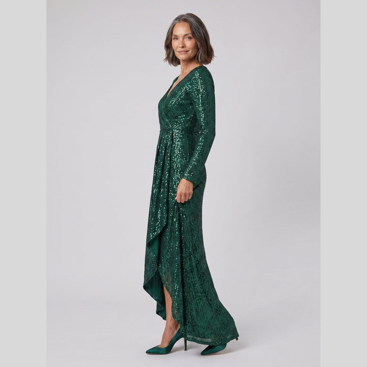 Dark green sequin long sleeve asymmetrical hem evening gown - The store Vancouver