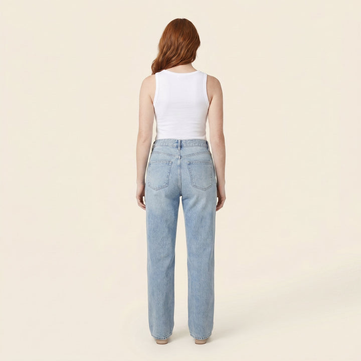 Asymmetric waist straight leg jeans back view