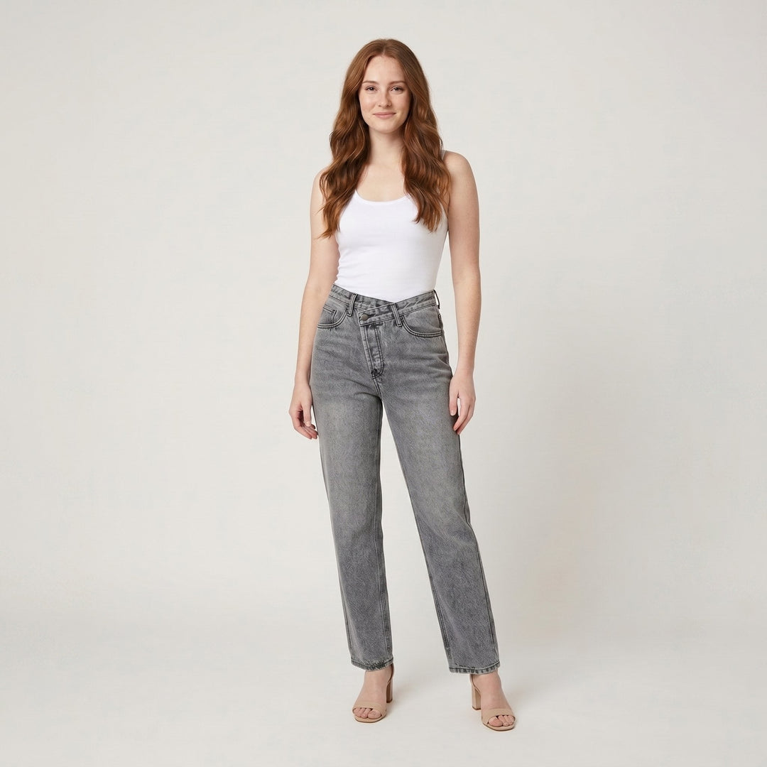 Asymmetric waist straight leg jeans gray