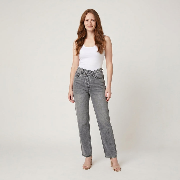 Asymmetric waist straight leg jeans gray