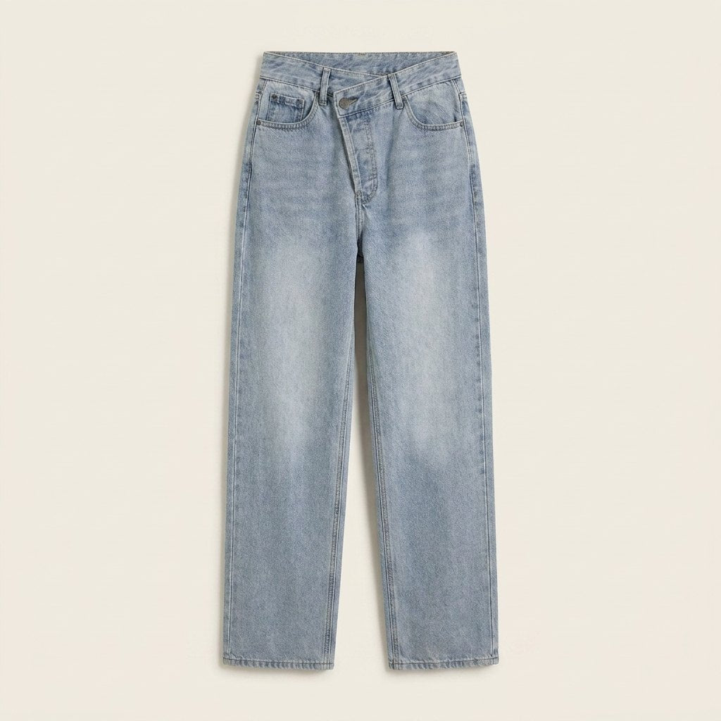 Asymmetric waist straight leg jeans product flat lay