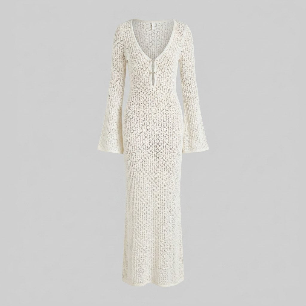 White crochet knit maxi dress laid flat, full length