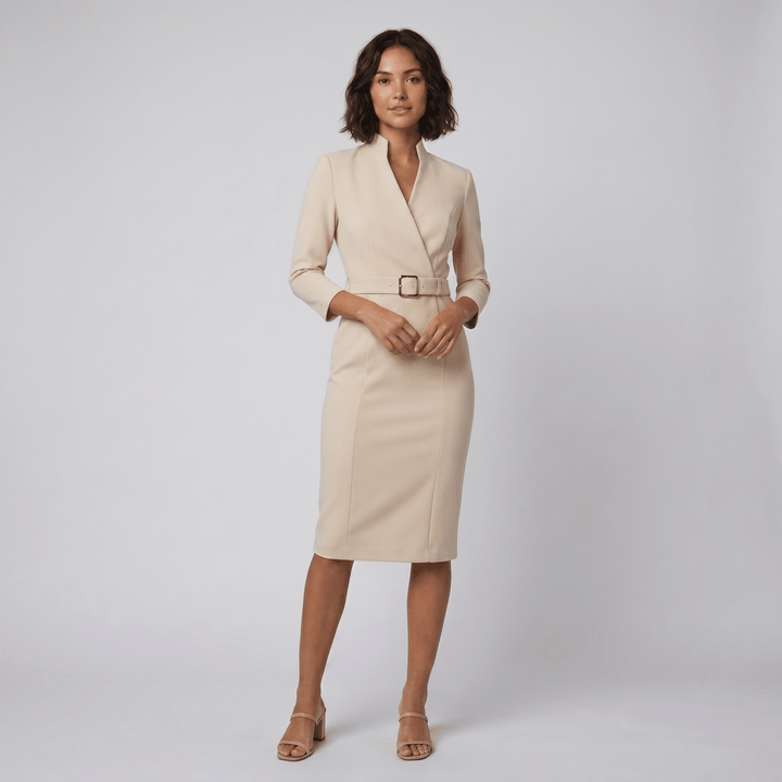 Ava elegant beige tailored belted dress