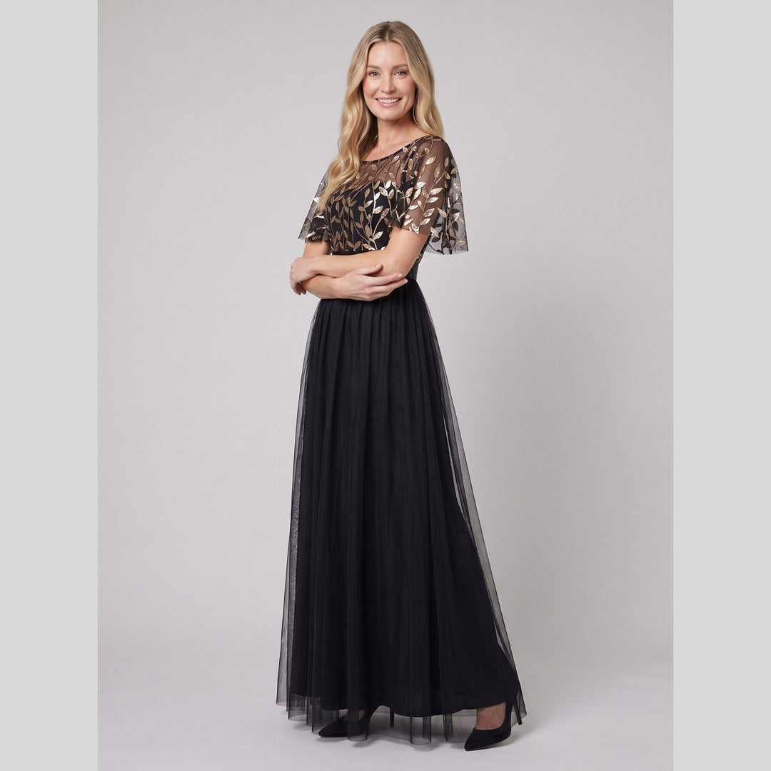 Black and gold sequin leaf tulle maxi dress with flutter sleeves - The store Vancouver