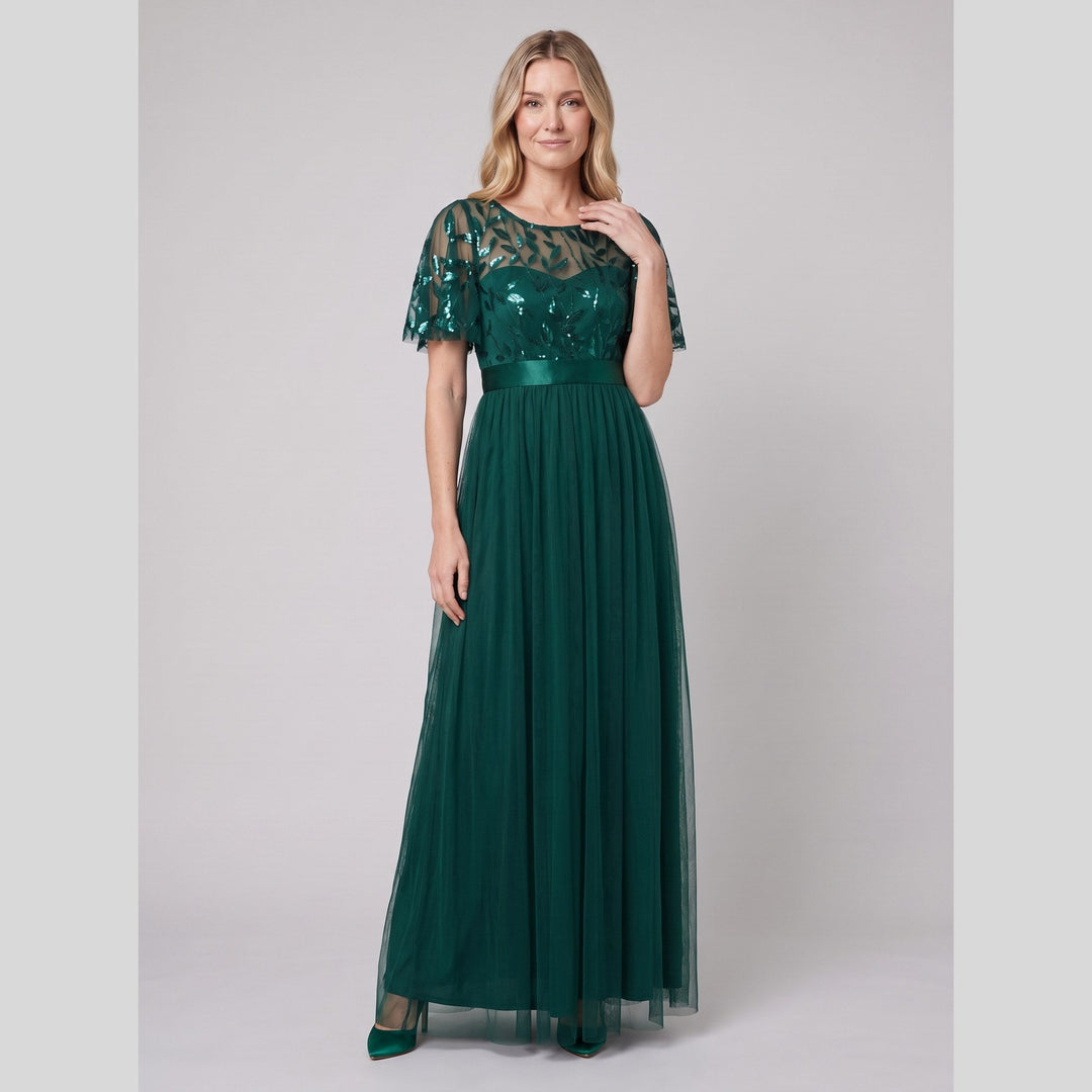 Dark green sequin leaf tulle maxi dress with flutter sleeves - The store Vancouver