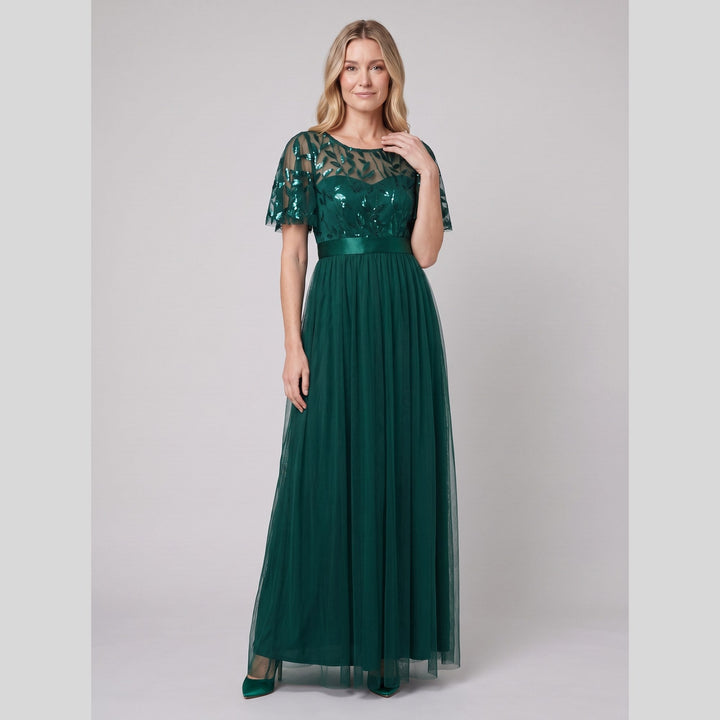 Dark green sequin leaf tulle maxi dress with flutter sleeves - The store Vancouver