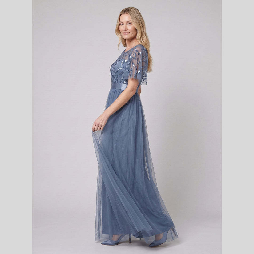 Dusty blue sequin leaf tulle maxi dress with flutter sleeves - The store Vancouver