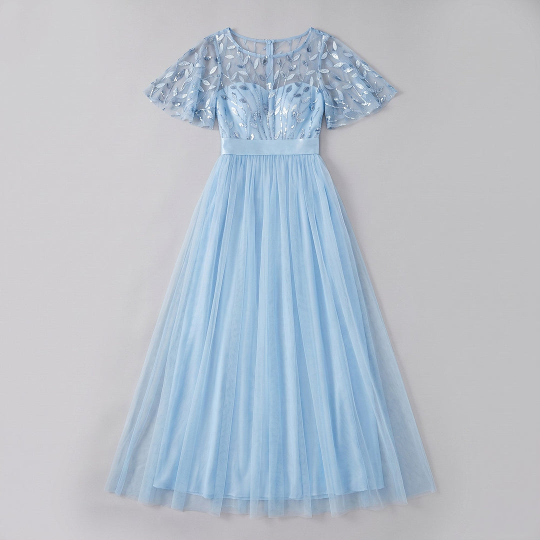 Sky blue sequin leaf tulle maxi dress flat lay product photo - The store Vancouver