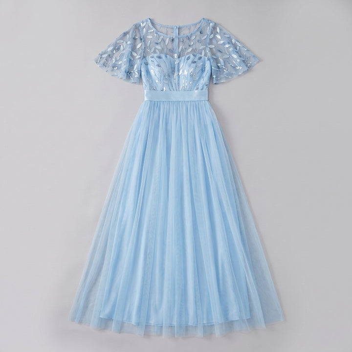 Sky blue sequin leaf tulle maxi dress flat lay product photo - The store Vancouver