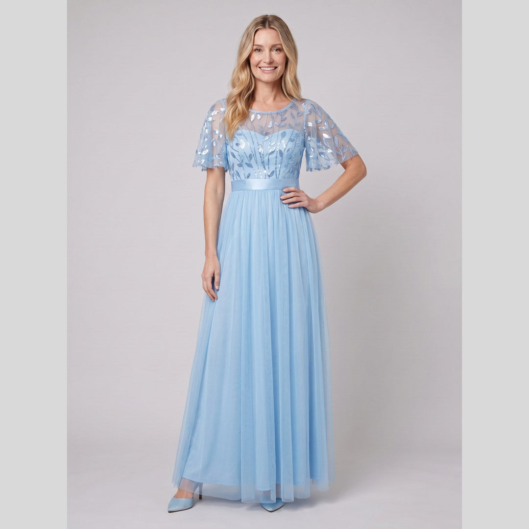 Sky blue sequin leaf tulle maxi dress with flutter sleeves - The store Vancouver