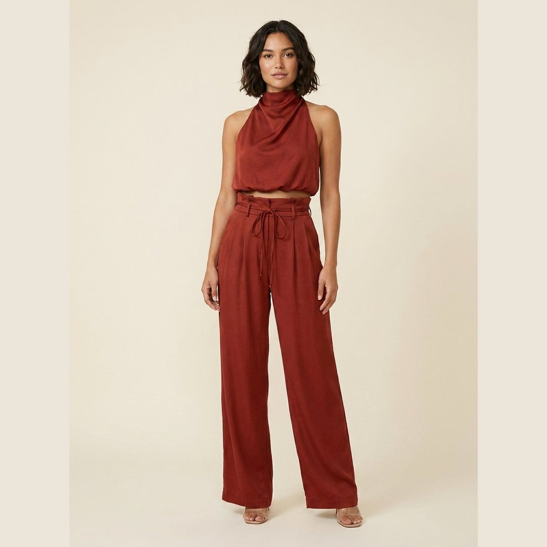 Bastienne halter crop top and high-waist pants set in red, on model