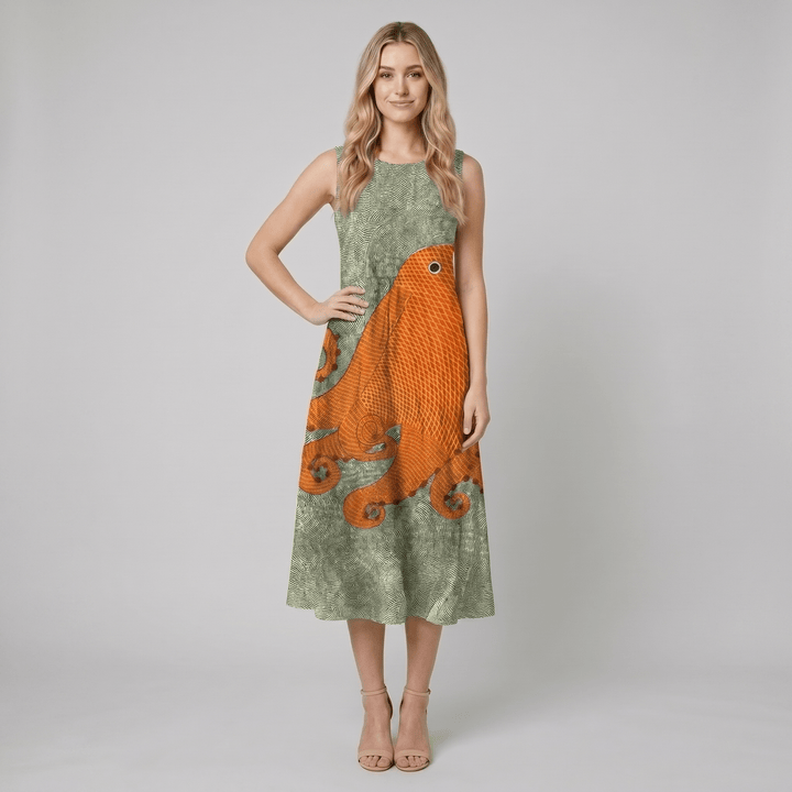 Bea sage green orange octopus print sleeveless sundress