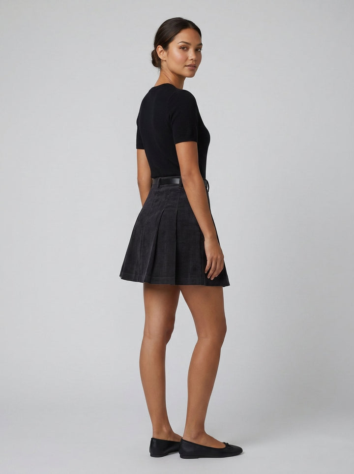 Belgravia corduroy pleated mini skirt in black